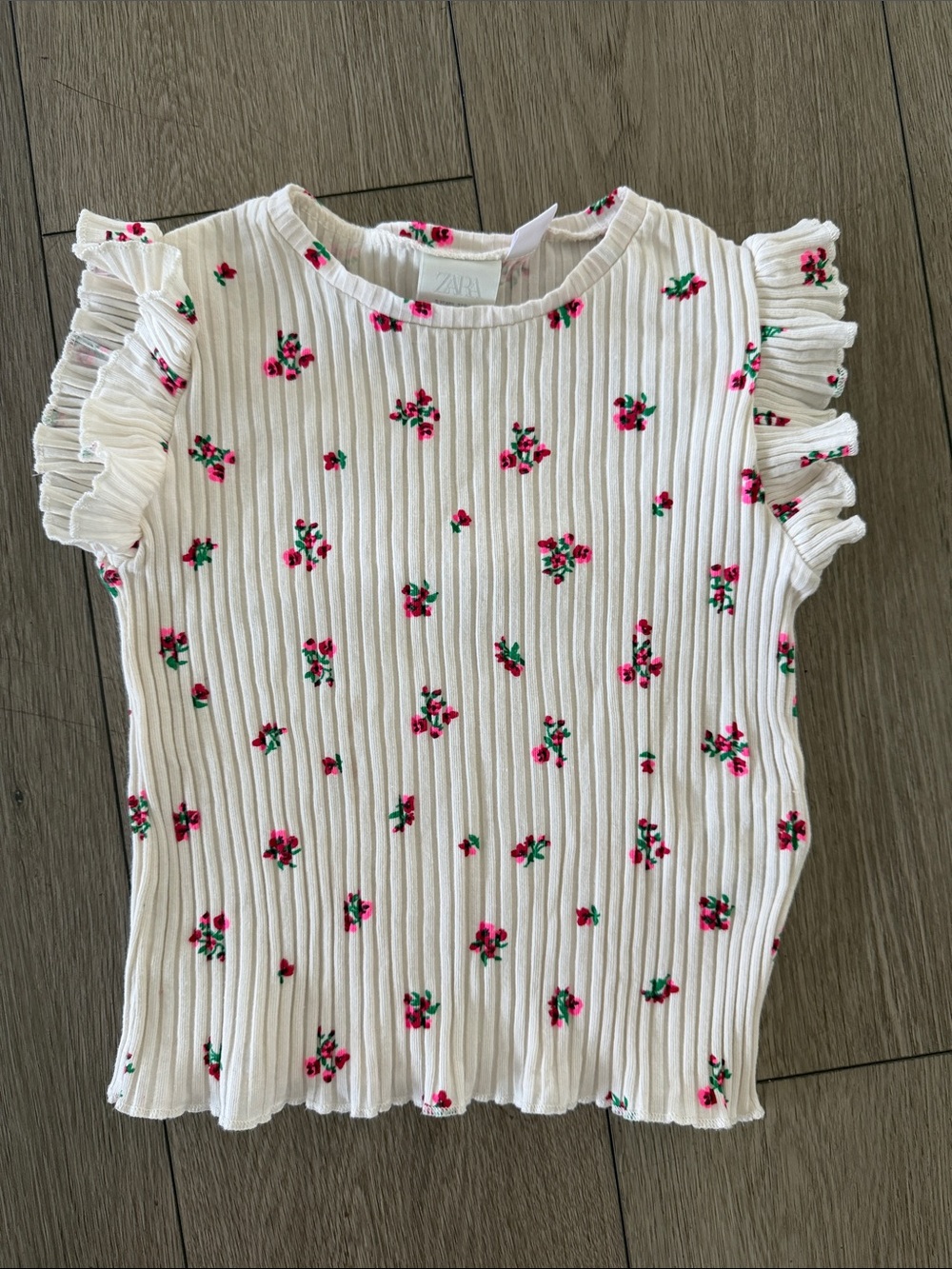 Zara Girls' White Ribbed Floral Ruffle Sleeve Top size 5 years